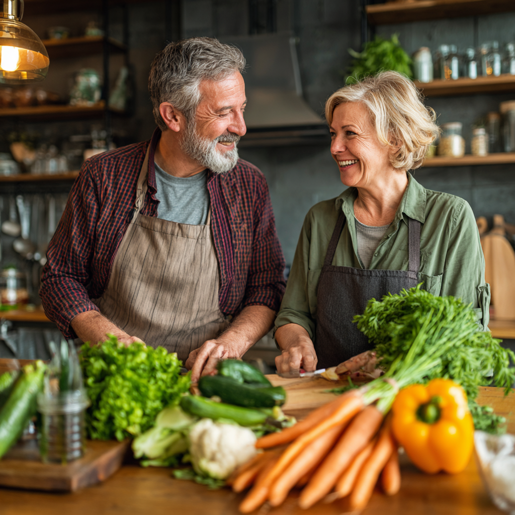 Healthy mature couple cooking together in bright kitchen with fresh vegetables