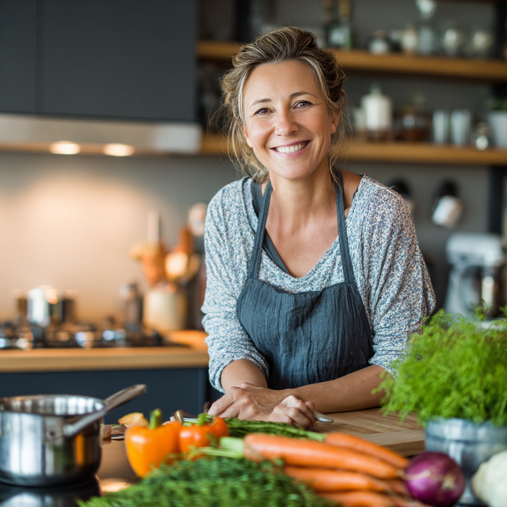 Smiling middle-aged woman preparing healthy meal in modern kitchen